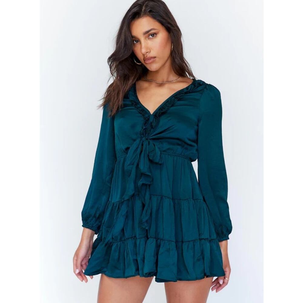 Oh Polly Green Randi Ruffle Long Sleeve Mini‎ Dress 8